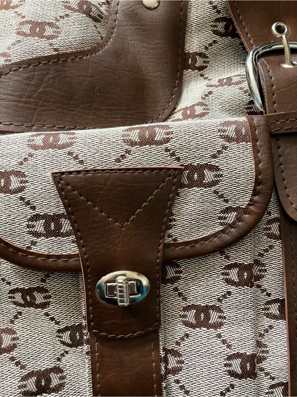 Brown Patterned Canvas Travel Tote Bag with Leather Trim